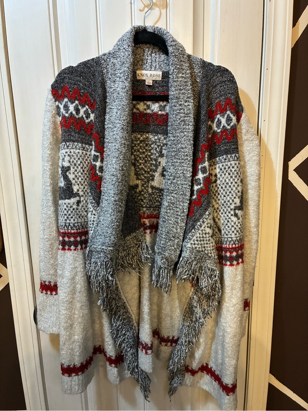 Knox Rose Gray, Red & Charcoal Nordic Fringe Open Cardigan